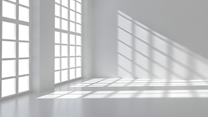 Bright white room with large windows and sunlight shining through