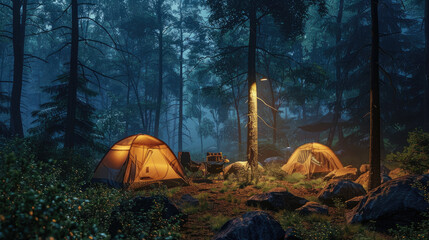 Campsite at dusk with tents illuminated from inside, nestled in a forest.