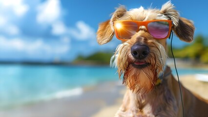 Irish Wolfhound Dog Relaxing at Beach Resort with Sunglasses and Technology. Concept Irish Wolfhound, Beach Resort, Sunglasses, Technology, Relaxing