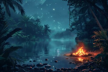 Enchanting Jungle Night with Fiery Bonfire by Tranquil River