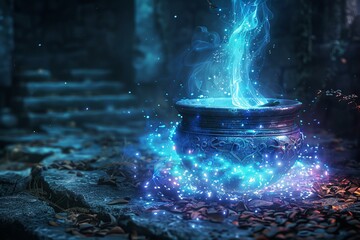 Enchanted Cauldron Emitting Magical Glowing Potion in a Mystical Forest