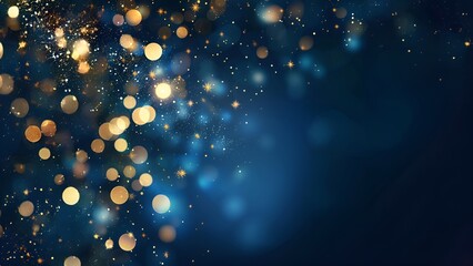 Blue and gold glittering Christmas lights background with stars and bokeh