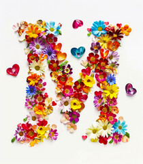 The letter m made of flowers and hearts.