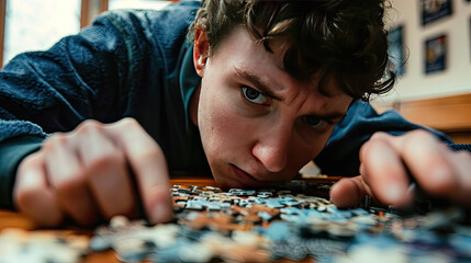 Close-up of an autistic adult focusing intently on a puzzle, with a look of concentration and pieces scattered around.