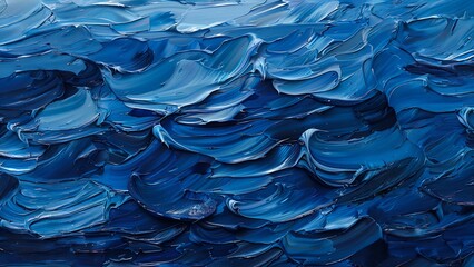 Abstract blue oil painting of ocean waves with thick oil paint texture