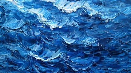 Abstract painting of rough ocean waves with thick oil paint texture in shades of blue