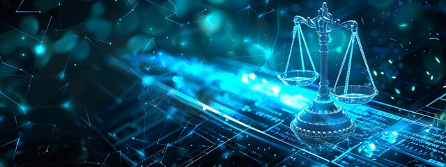 Obraz premium The image features a digital illustration of a scale, representing justice, with a dark blue background. The scale is positioned on the right side of the image, 