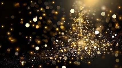 Golden glittering Christmas tree with glowing lights and sparkles on black background
