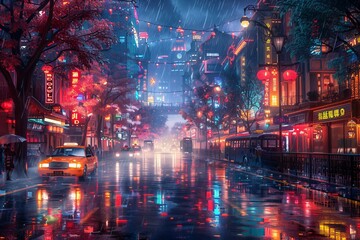 Rainy Night in a Bustling Neon-Lit Fantasy Cityscape