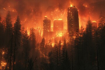 Apocalyptic Cityscape on Fire Amidst Forest at Night