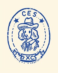 With a cowboy dog portrait, blue ink on white background in an oval shape , generated with ai