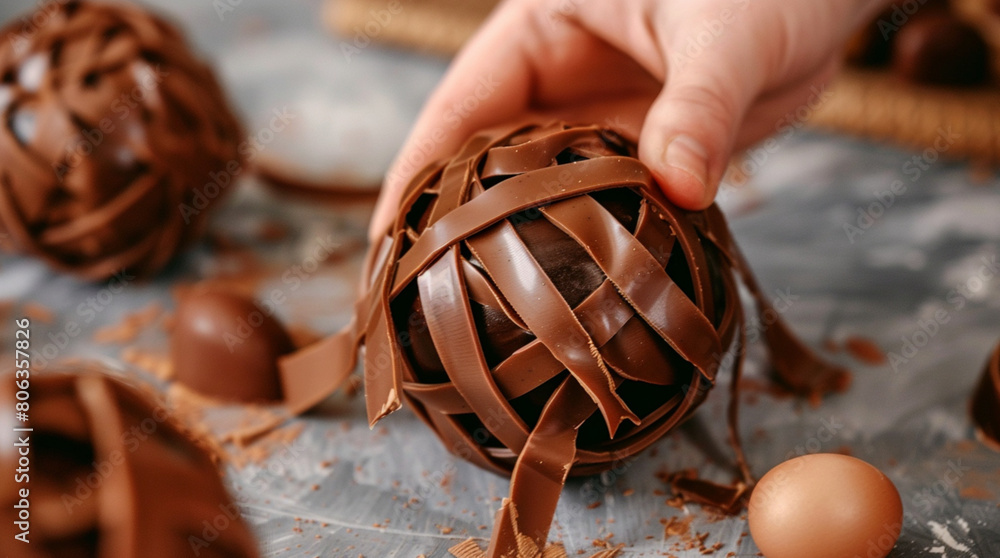 Wall mural a closeup of a hand unwrapping a packaging ball made of wide silky laces. Inside the ball is a chocolate sphere.