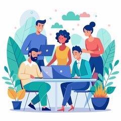 Business process and teamwork concept showing a dedicated team in a brainstorming meeting sharing ideas, colored vector illustration