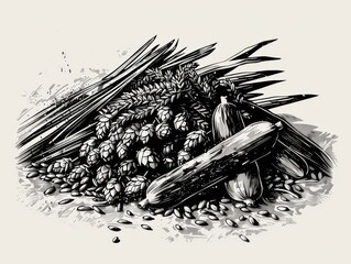 A 1960's black and white halftone print of a pile of hops and malted barley, sketch style, , generated with ai