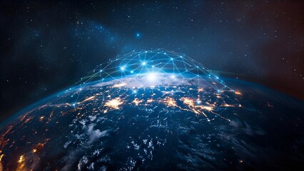 Obraz premium Artistic illustration of planet Earth from space showing a glowing network of connections