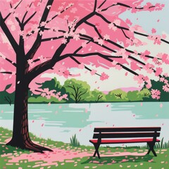 A cherry blossom tree with pink flowers near the water, sitting on top of an empty bench, a lake and green grass in the background, generated with AI