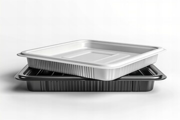 Stacked Black and White Plastic Food Trays on White Background