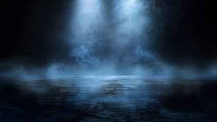 Dark and mysterious empty room with a wet concrete floor and spotlights shining through the smoke