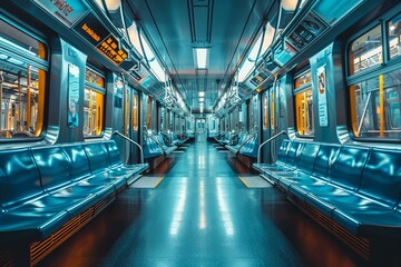 Fototapeta premium Empty Interior of a Modern Subway Train with Blue Seats