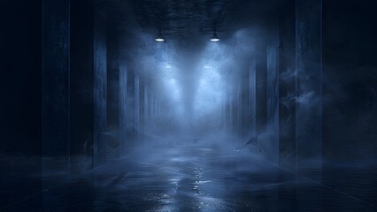 Dark and mysterious corridor with blue neon lights and water on the floor