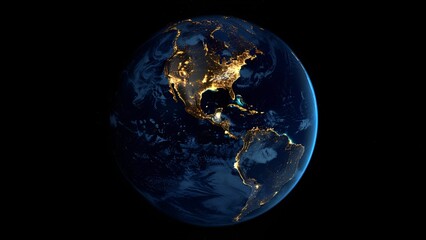 Blue Earth from Space at Night Showing North and South America