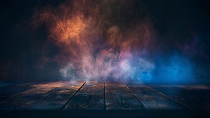 Abstract smoke and fog on a wooden table with a dark background in red and blue