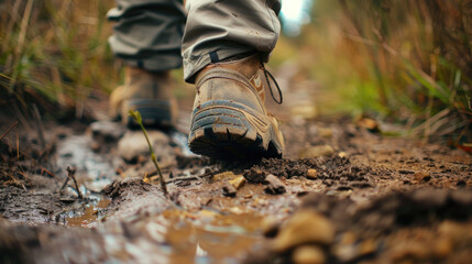 Close-up of hiking boots on a rugged trail, focus on the detail of the dirt and tread.