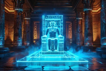 Futuristic Pharaoh Throne in Illuminated Ancient Tomb