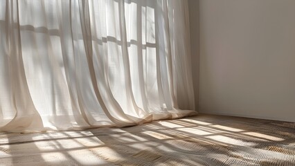 Elegant White Curtains Casting Shadows on Wooden Floor
