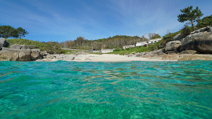 Beach on the Atlantic coast of Spain seen from ocean surface, natural scene, Galicia, Rias Baixas, Bueu, Praia de Lagos