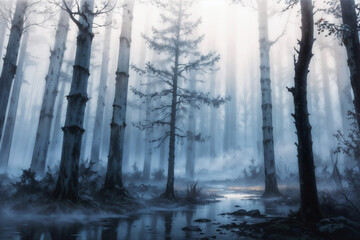 Serene yet Eerie Dawn in a Dense Marshland Forest with Fog