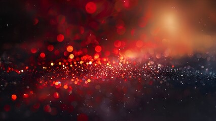 Abstract red and gold glitter lights background with shiny twinkling particles and glowing bokeh circles