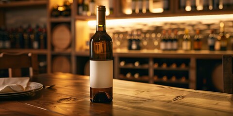 Close-up of a bottle of red wine on a wooden table in a bar or restaurant with a blurred background