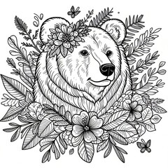 Monochrome line art bear in sketch style coloring page illustration