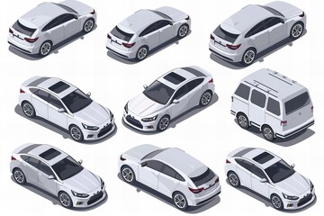 Detailed Isometric Gray Sedan and Van From Multiple Angles