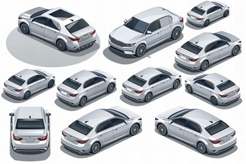 Isometric Gray Sedan Car Displayed from Various Angles