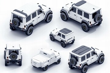 Isometric View of White Off-Road Vehicles in Various Angles