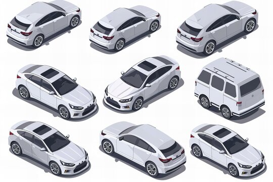 Detailed Isometric Gray Sedan and Van From Multiple Angles