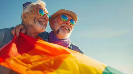 Happy senior gay male couple hugging during pride month celebration wearing rainbow flag. Elderly smiling homosexual men at LGBT parade march. Blue sky copy space for text - Powered by Adobe