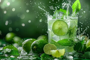 Refreshing Lime Drink with Splash and Ice on Green Background
