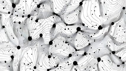 Black and white abstract background with flowing lines and dots