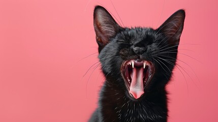 Oriental, angry cat baring its teeth, studio lighting pastel background