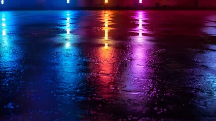 Colorful spotlights reflecting off wet asphalt with tire tracks at night