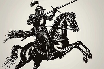 A jousting knight on horseback with a long lance, woodcut, black and white, white background , generated with ai