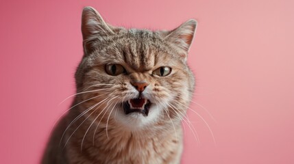 Obraz premium Pixie-bob, angry cat baring its teeth, studio lighting pastel background