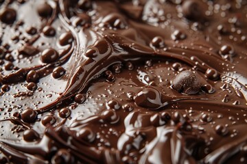 Close-Up View of Melted Chocolate with Droplets and Swirls