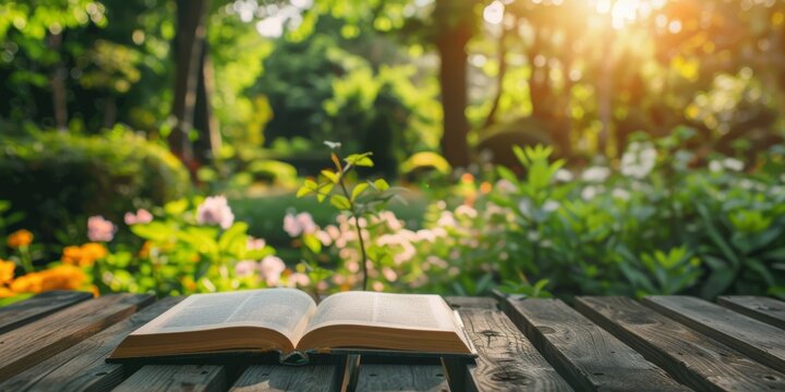 The photo shows an open book on a wooden table in a lush green garden.
