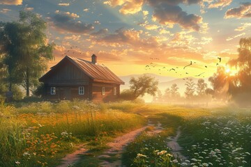 Sunrise Over Countryside Wooden House Surrounded by Wildflowers