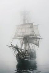 Obraz premium a pirate ship in the fog, photography with white background, generated with AI