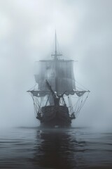 a pirate ship in the fog, photography with white background, generated with AI